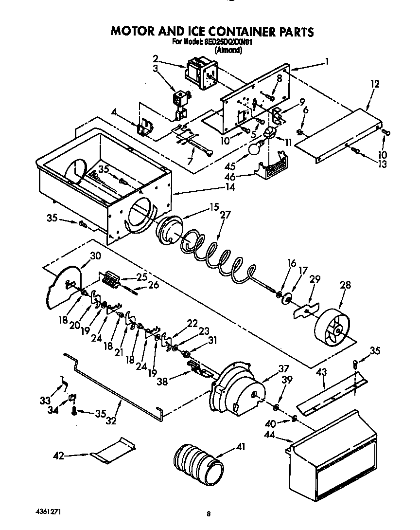 Whirlpool 8ED25DQXXN01 motor and ice container diagram