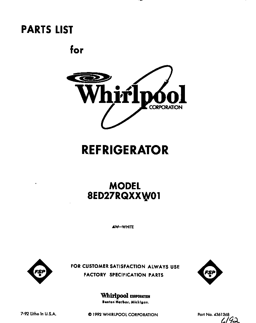 Whirlpool 8ED27RQXXW01 front cover diagram