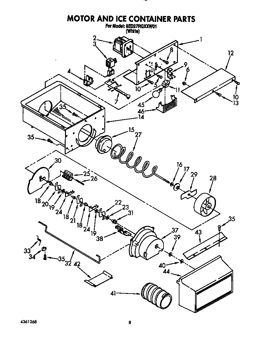 Whirlpool 8ED27RQXXW01 motor and ice container diagram