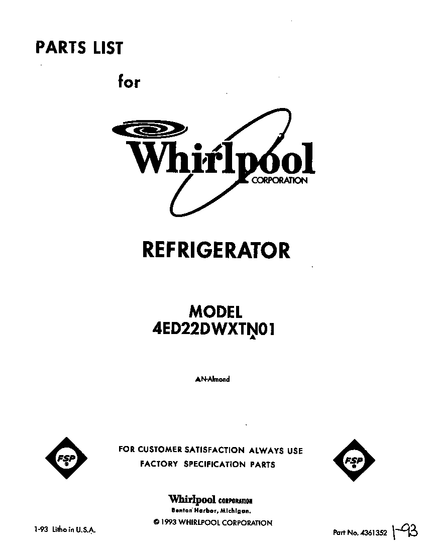 Whirlpool 4ED22DWXTN01 front cover diagram