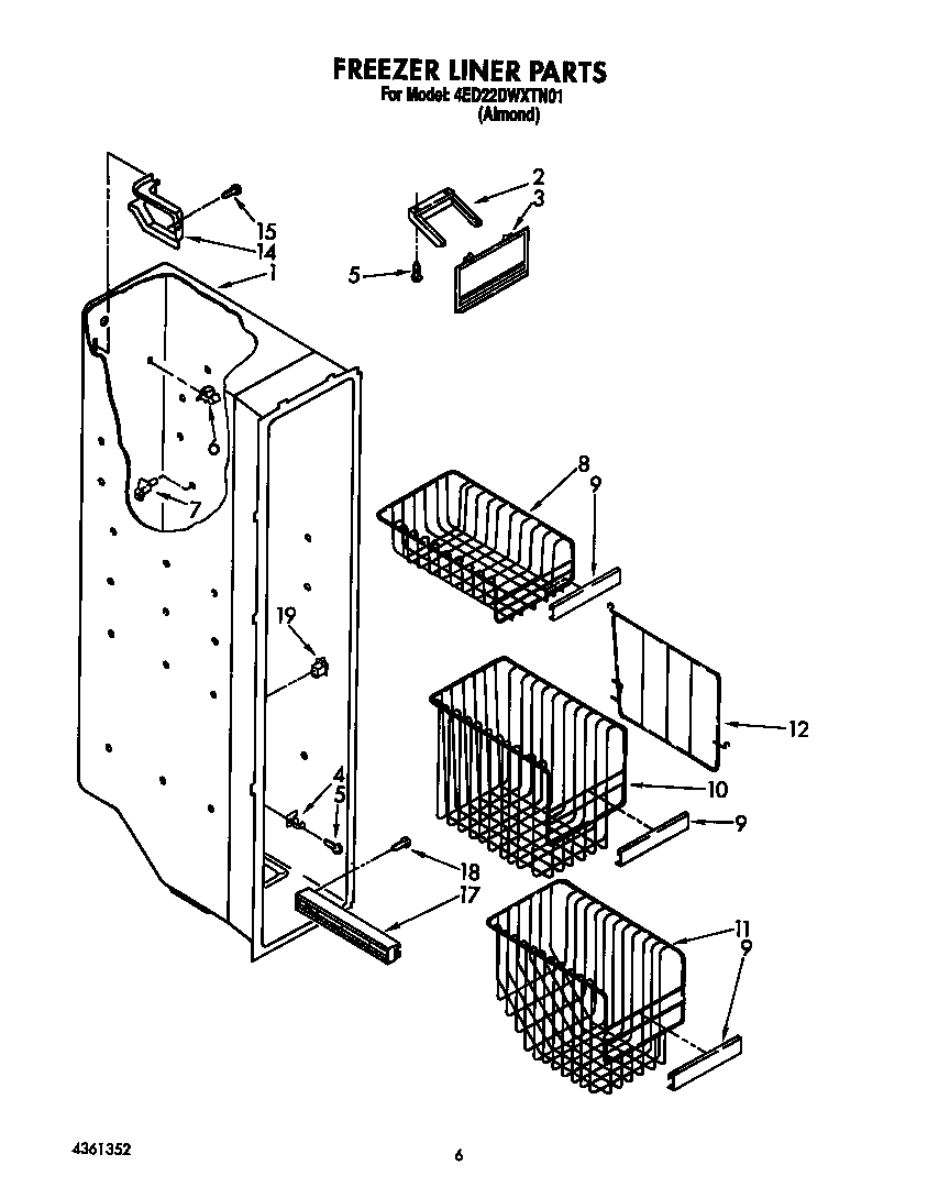 Whirlpool 4ED22DWXTN01 freezer liner diagram