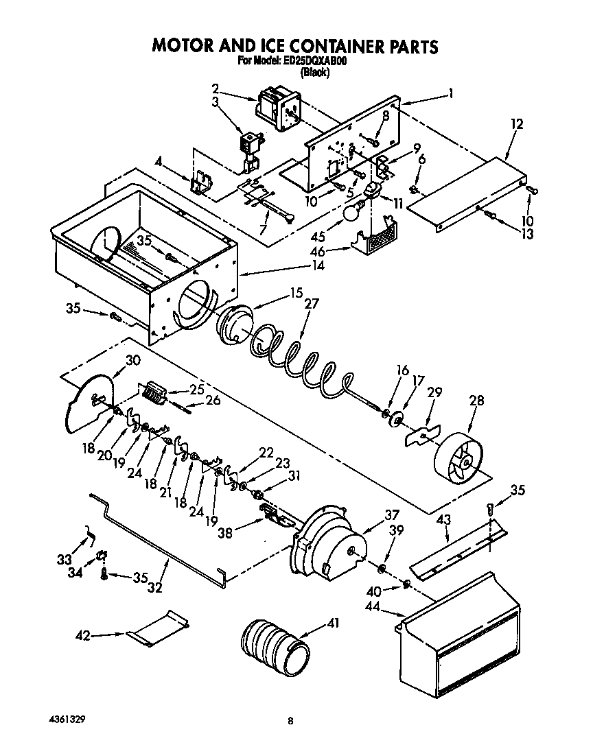 Whirlpool ED25DQXAB00 motor and ice container diagram