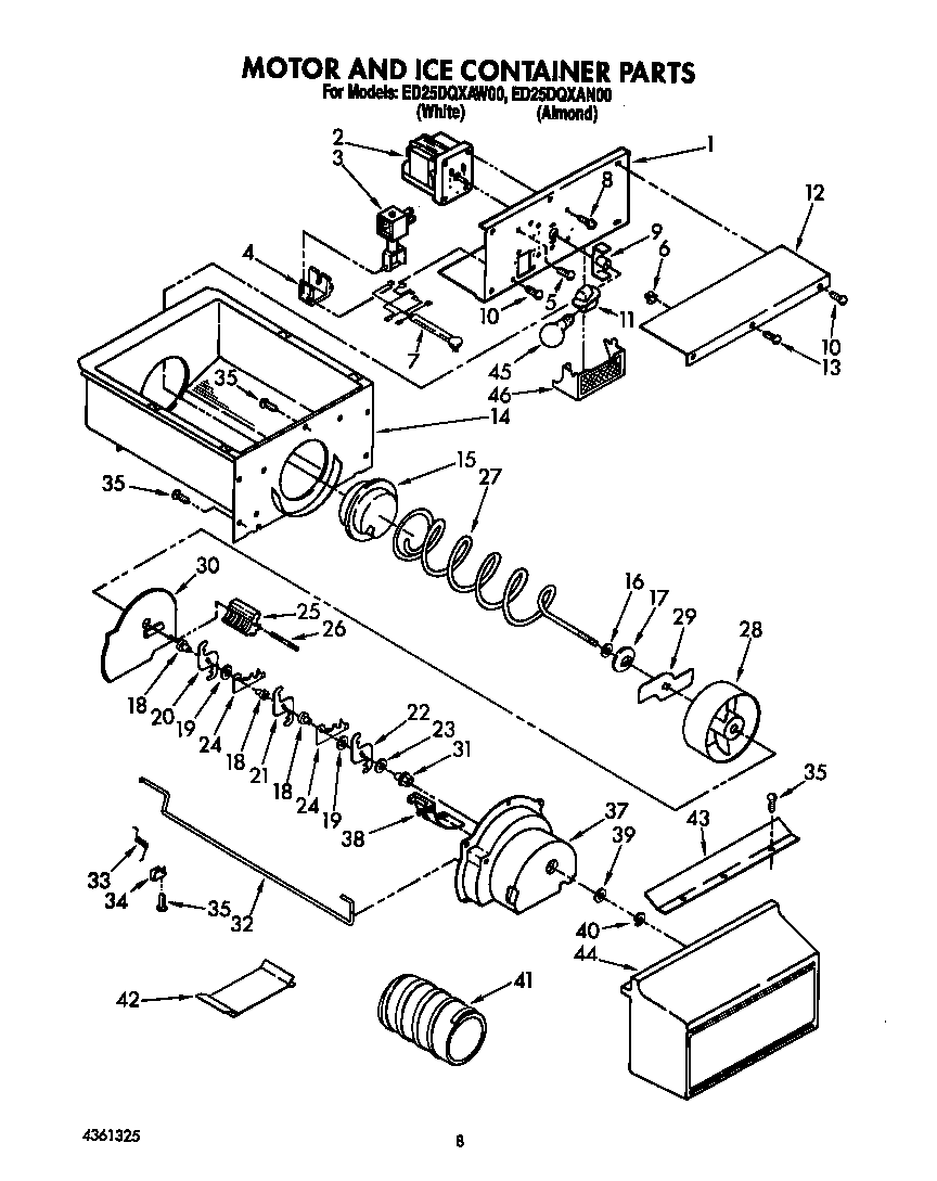 Whirlpool ED25DQXAW00 motor and ice container diagram