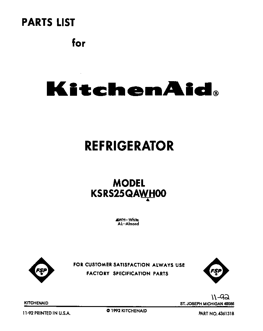KitchenAid KSRS25QAWH00 front cover diagram