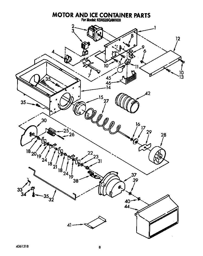 KitchenAid KSRS25QAWH00 motor and ice container diagram