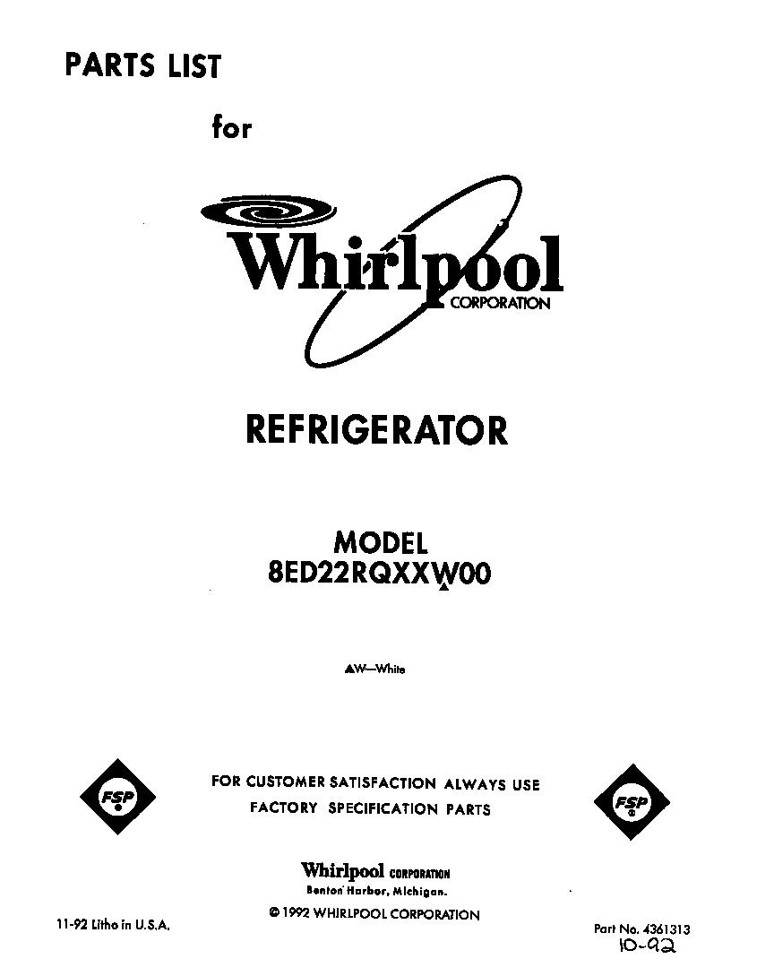 Whirlpool 8ED22RQXXW00 front cover diagram
