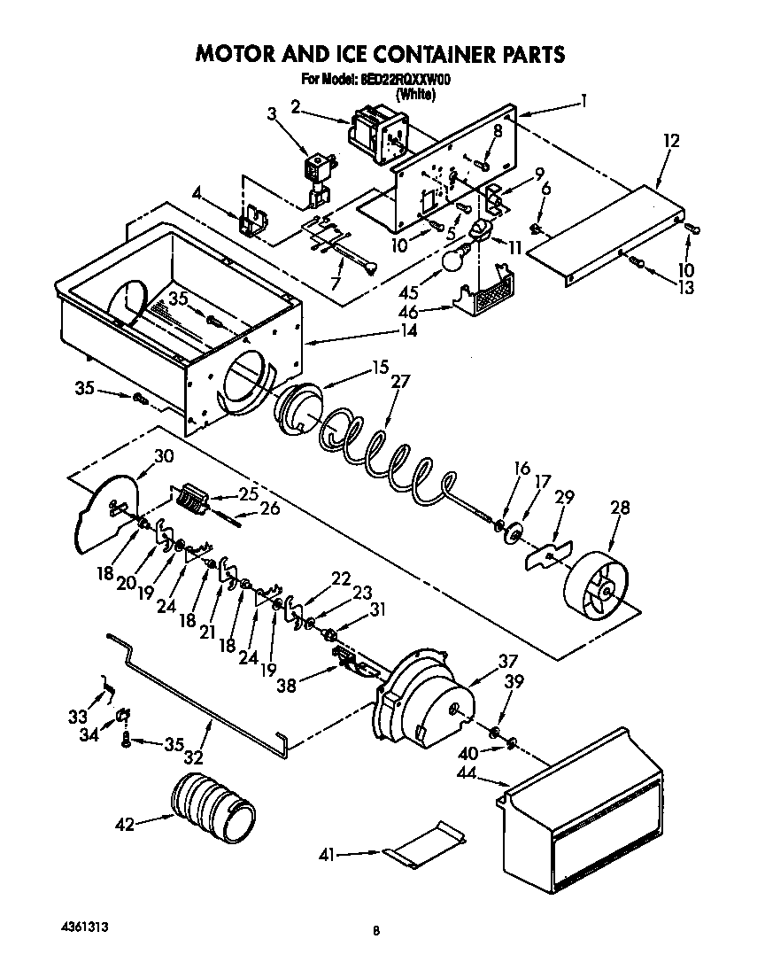 Whirlpool 8ED22RQXXW00 motor and ice container diagram