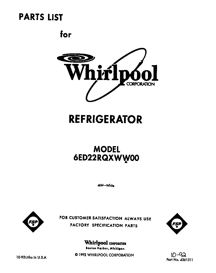 Whirlpool 6ED22RQXWW00 front cover diagram