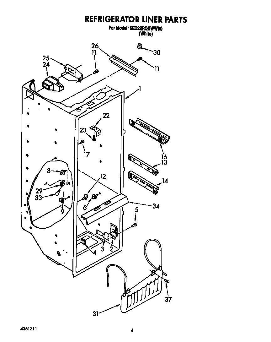 Whirlpool 6ED22RQXWW00 refrigerator liner diagram