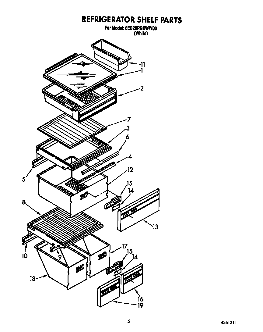 Whirlpool 6ED22RQXWW00 refrigerator shelf diagram