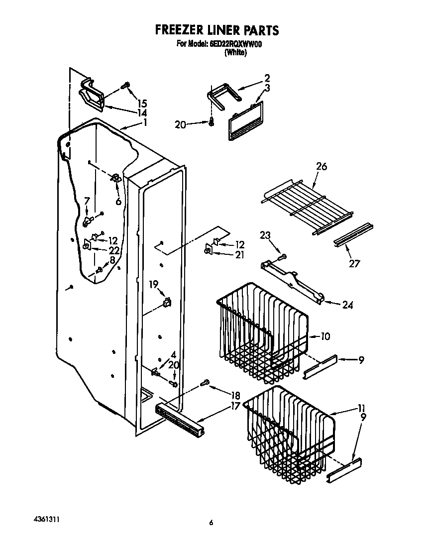 Whirlpool 6ED22RQXWW00 freezer liner diagram