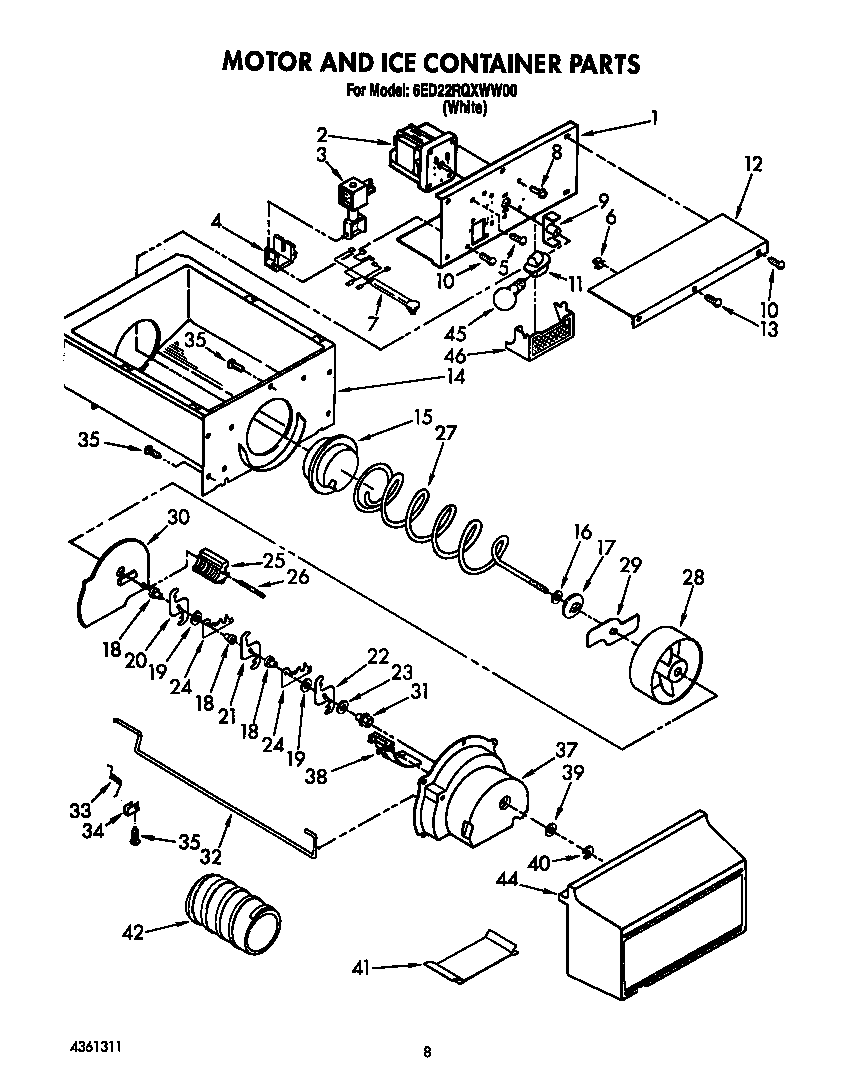 Whirlpool 6ED22RQXWW00 motor and ice container diagram