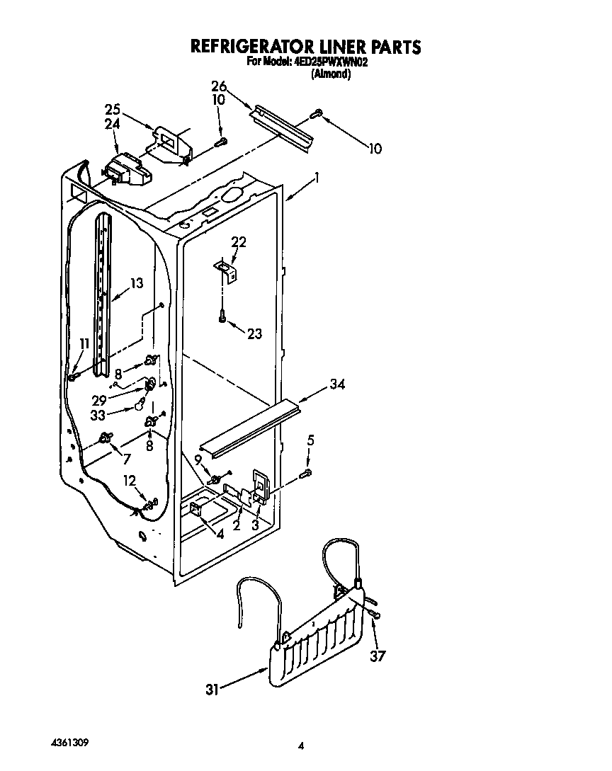 Whirlpool 4ED25PWXWN02 refrigerator liner diagram
