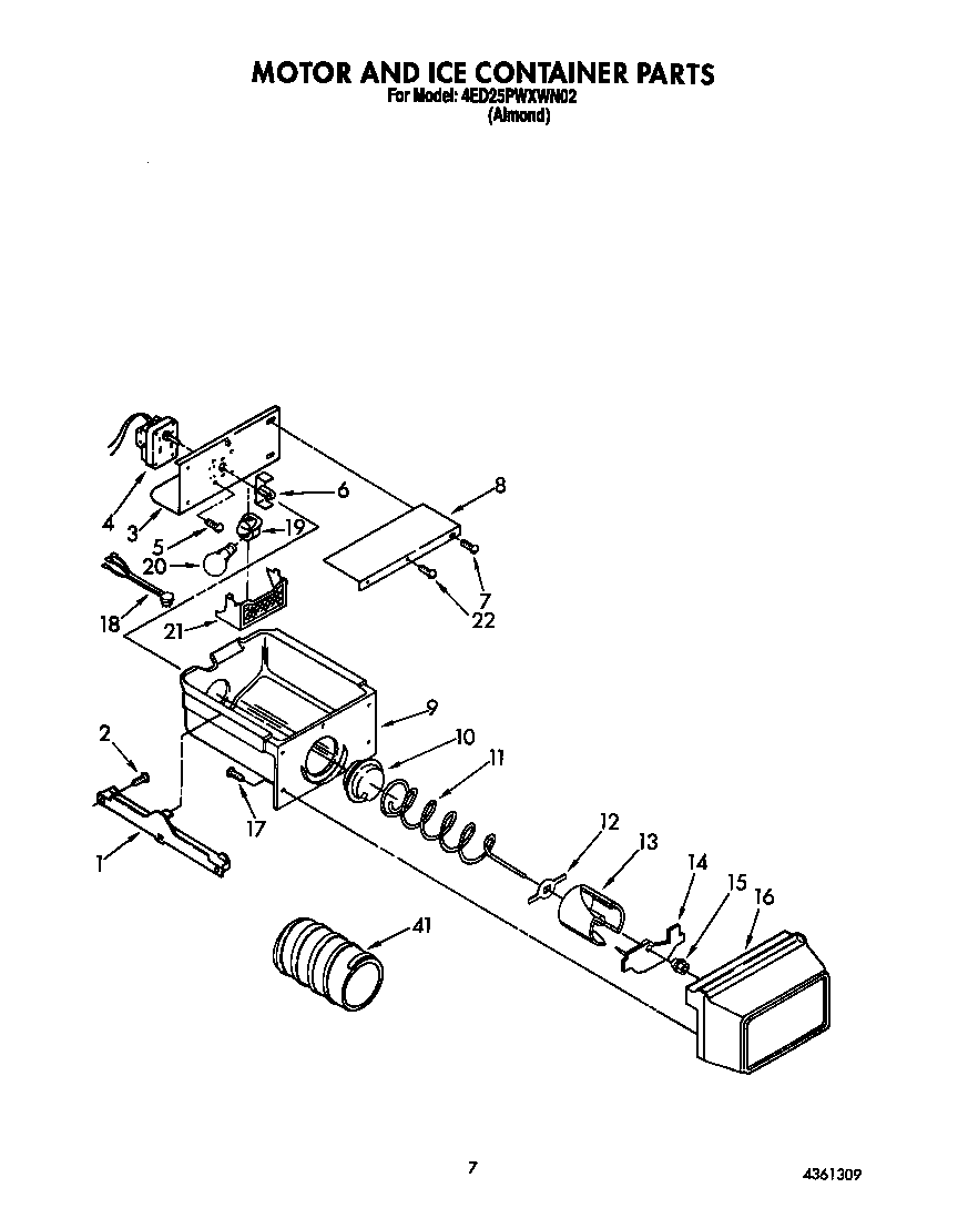 Whirlpool 4ED25PWXWN02 motor and ice container diagram