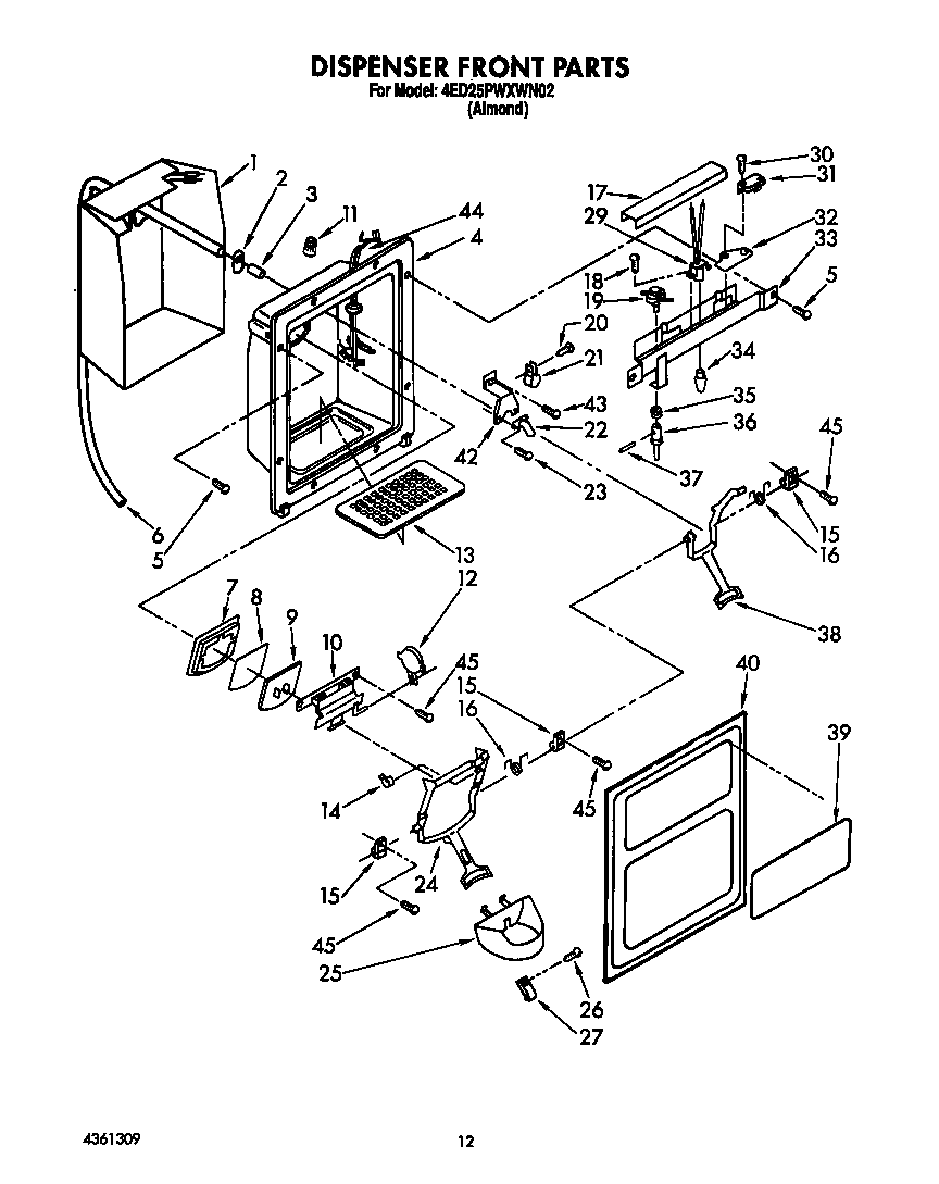 Whirlpool 4ED25PWXWN02 dispenser front diagram