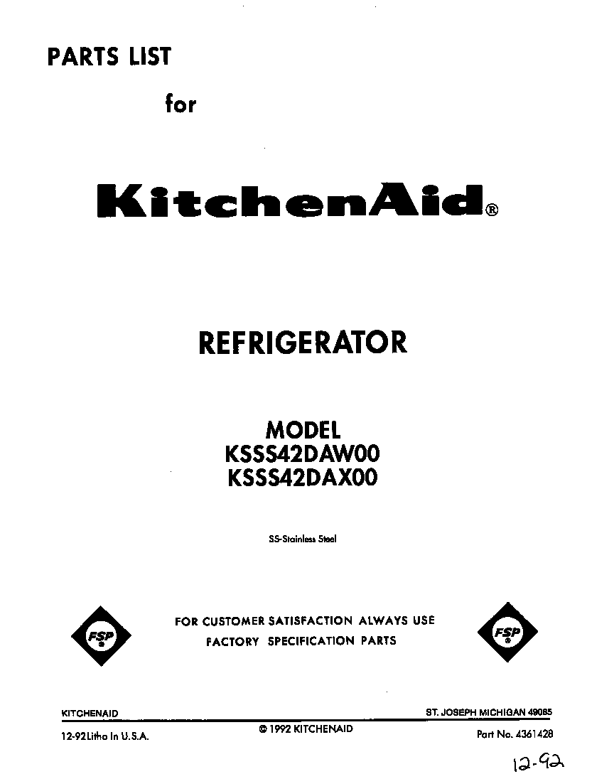 KitchenAid KSSS42DAX00 front cover diagram