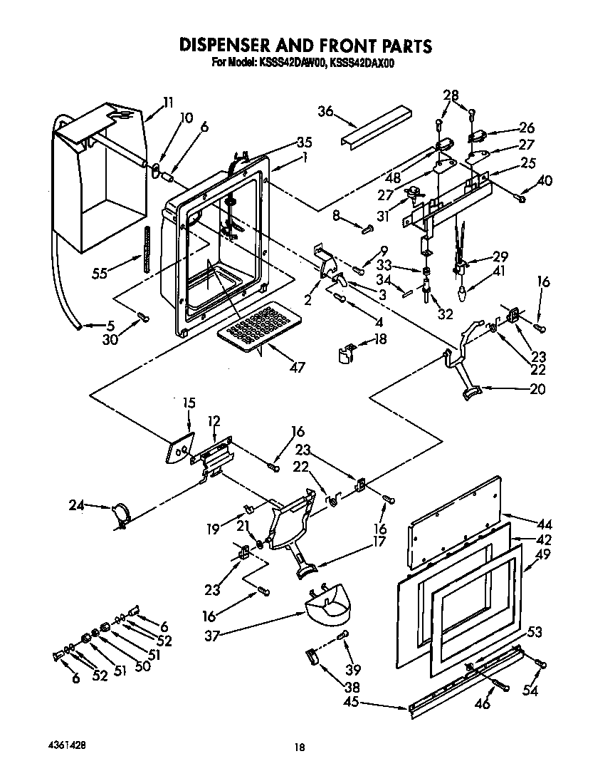 KitchenAid KSSS42DAX00 dispenser and front diagram