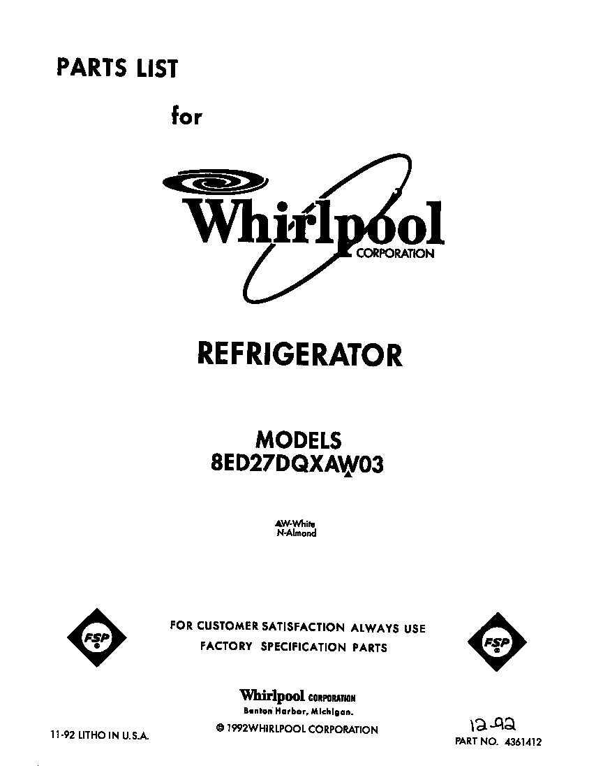 Whirlpool 8ED27DQXAW03 front cover diagram