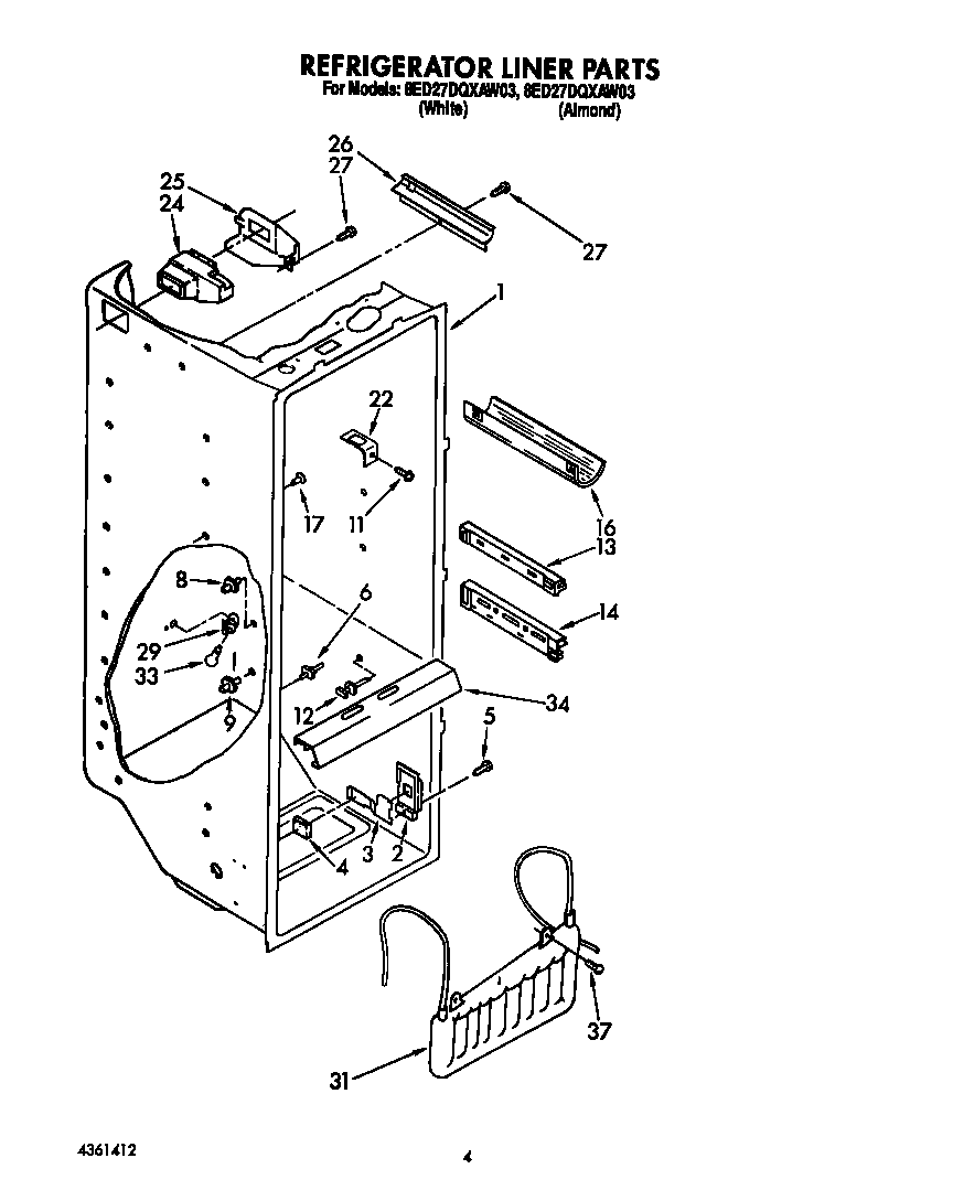 Whirlpool 8ED27DQXAW03 refrigerator liner diagram
