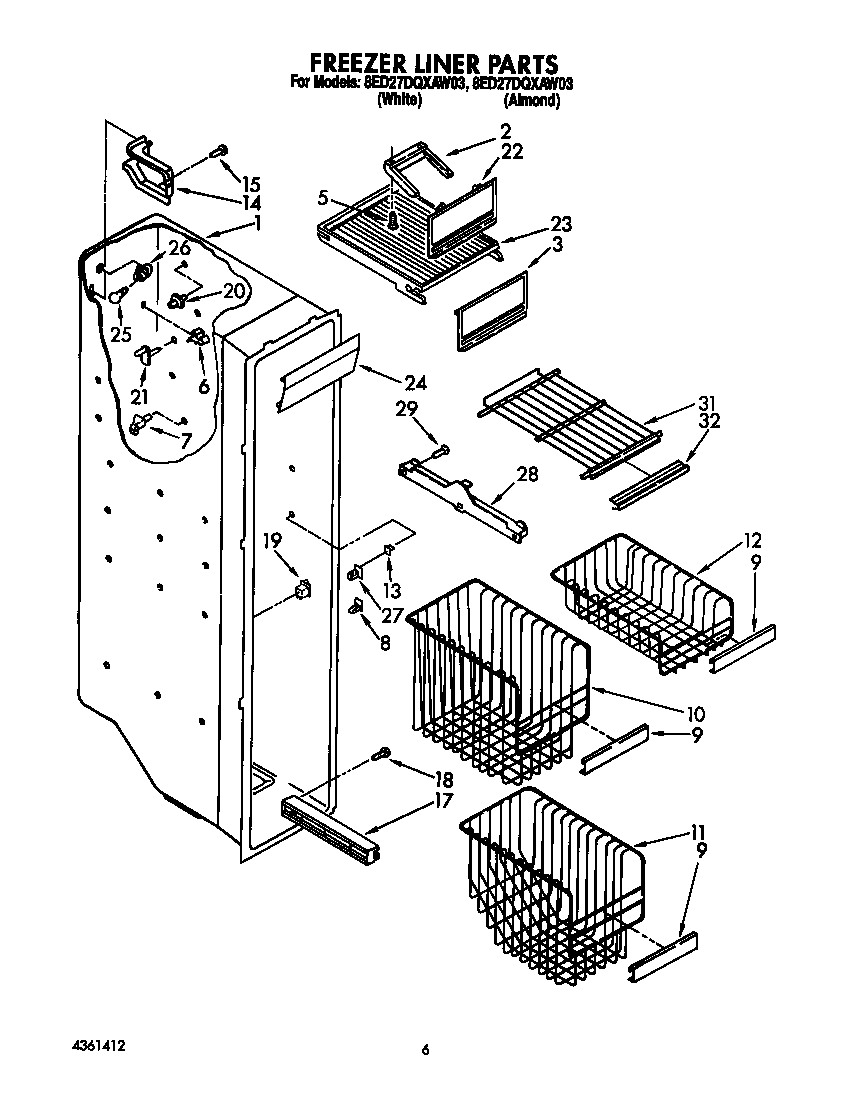 Whirlpool 8ED27DQXAW03 freezer liner diagram