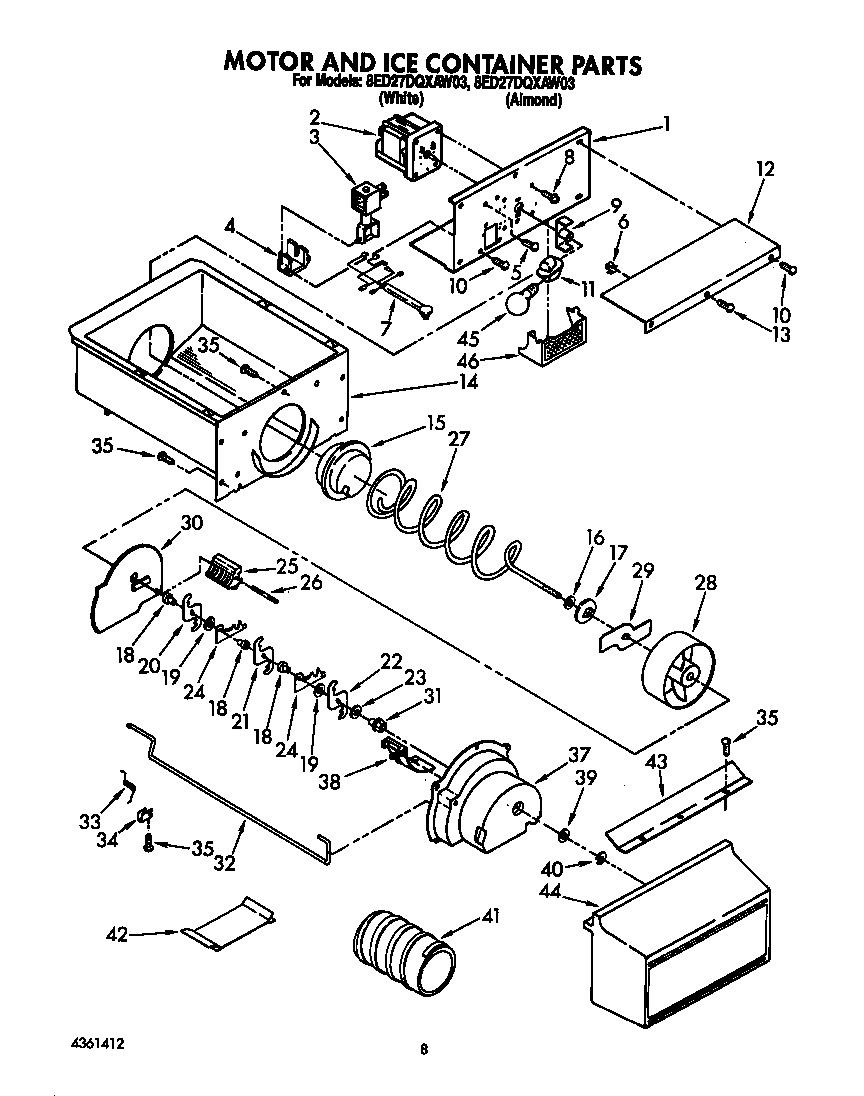 Whirlpool 8ED27DQXAW03 motor and ice container diagram