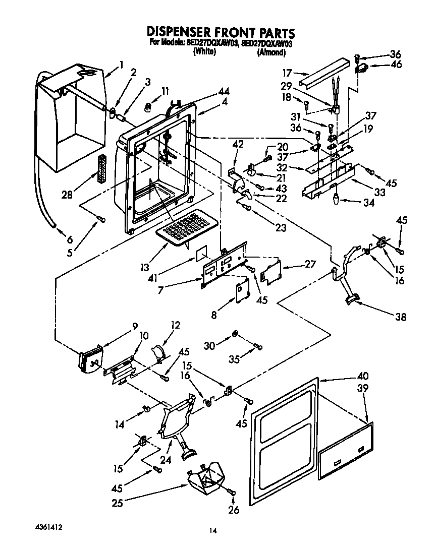Whirlpool 8ED27DQXAW03 dispenser front diagram