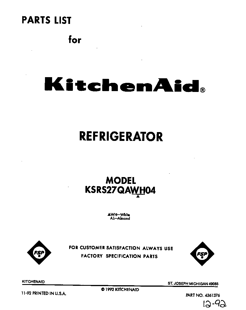 KitchenAid KSRS27QAWH04 front cover diagram