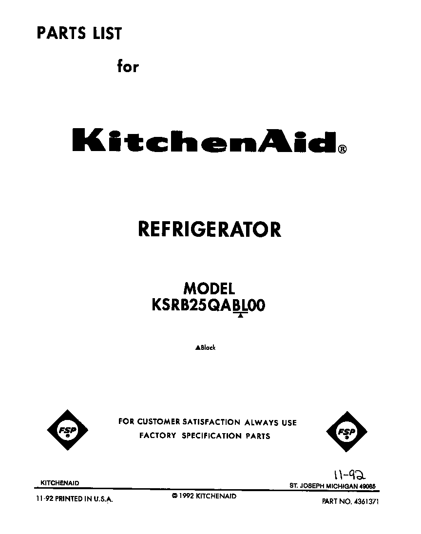 KitchenAid KSRB25QABL00 front cover diagram