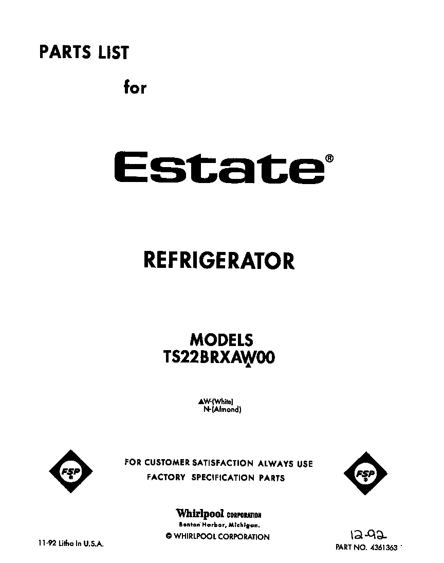Whirlpool TS22BRXAW00 front cover diagram