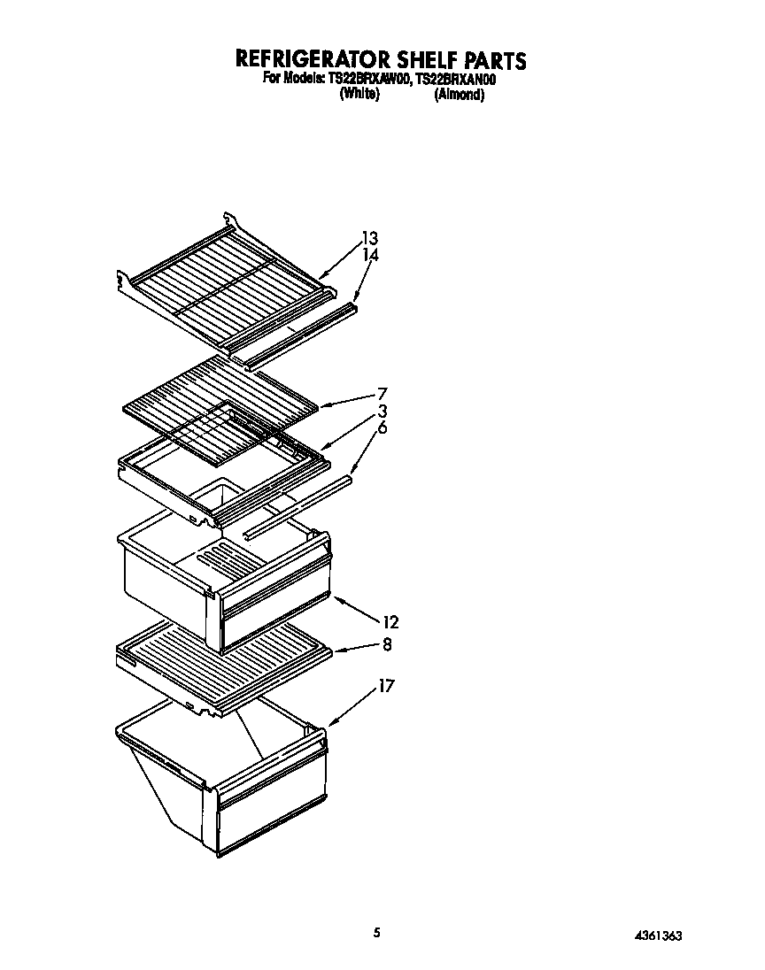 Whirlpool TS22BRXAW00 refrigerator shelf diagram