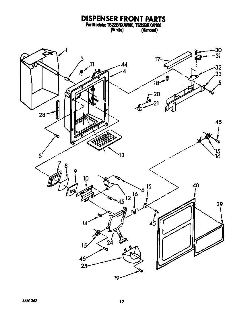 Whirlpool TS22BRXAW00 dispenser front diagram