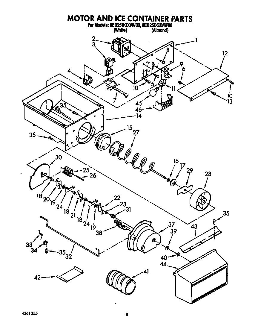 Whirlpool 8ED25DQXAW00 motor and ice container diagram