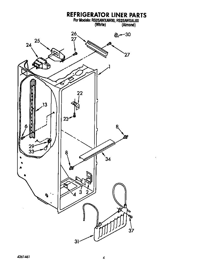 Roper RS25AWXAW00 refrigerator liner diagram