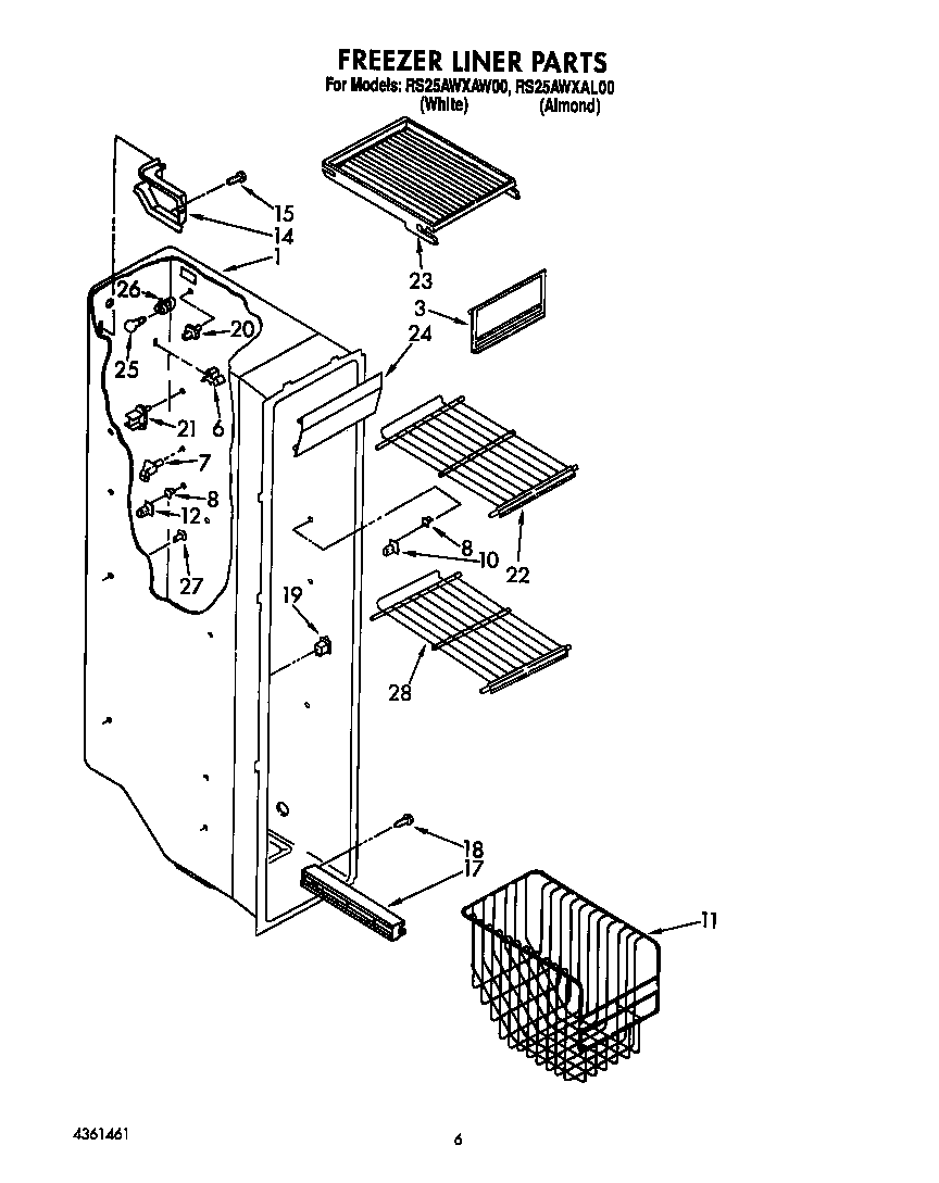 Roper RS25AWXAW00 freezer liner diagram