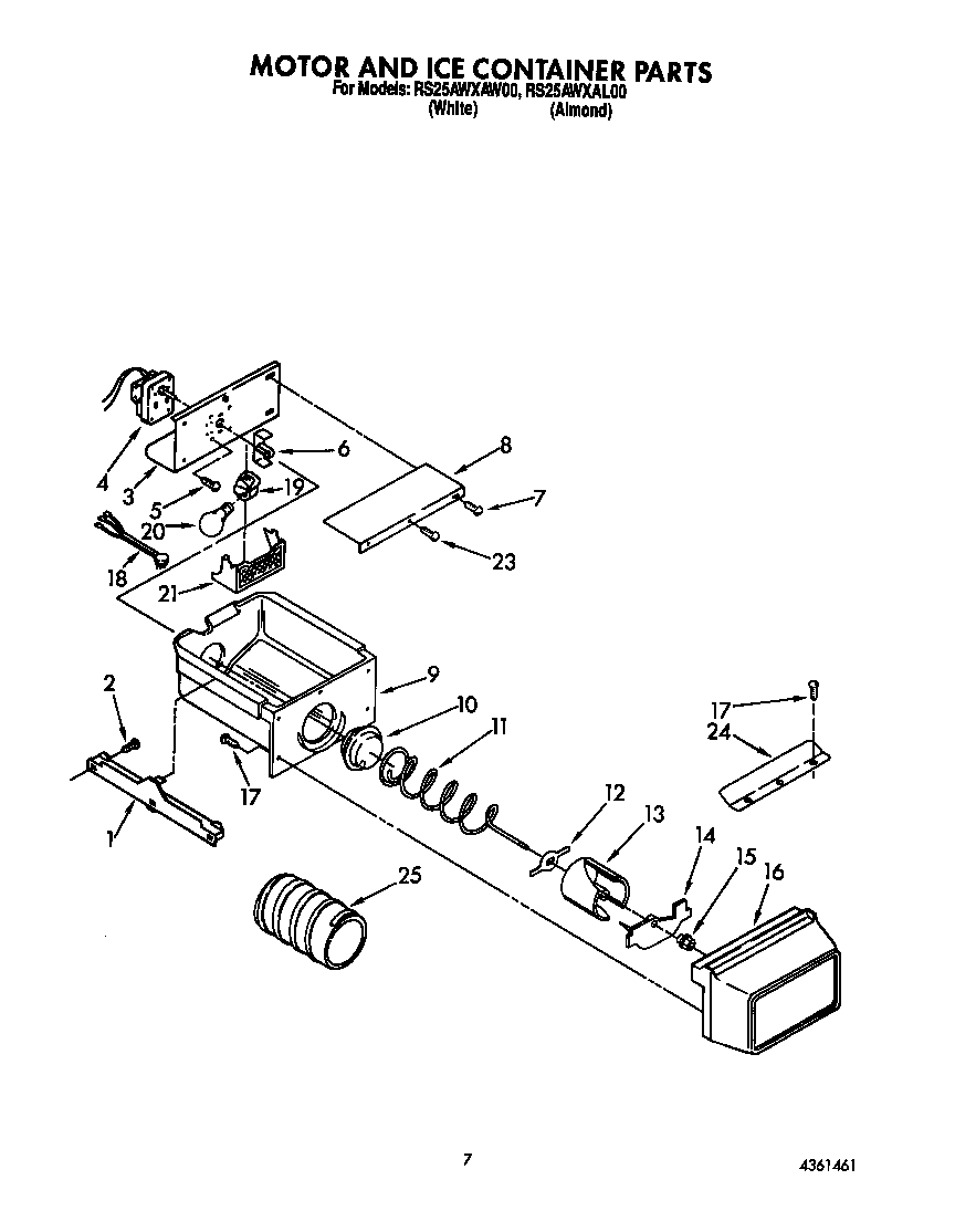 Roper RS25AWXAW00 motor and ice container diagram