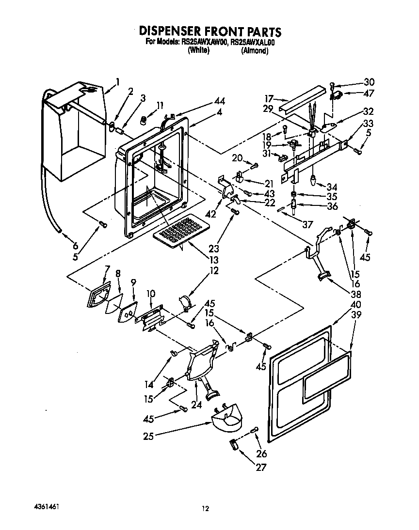 Roper RS25AWXAW00 dispenser front diagram
