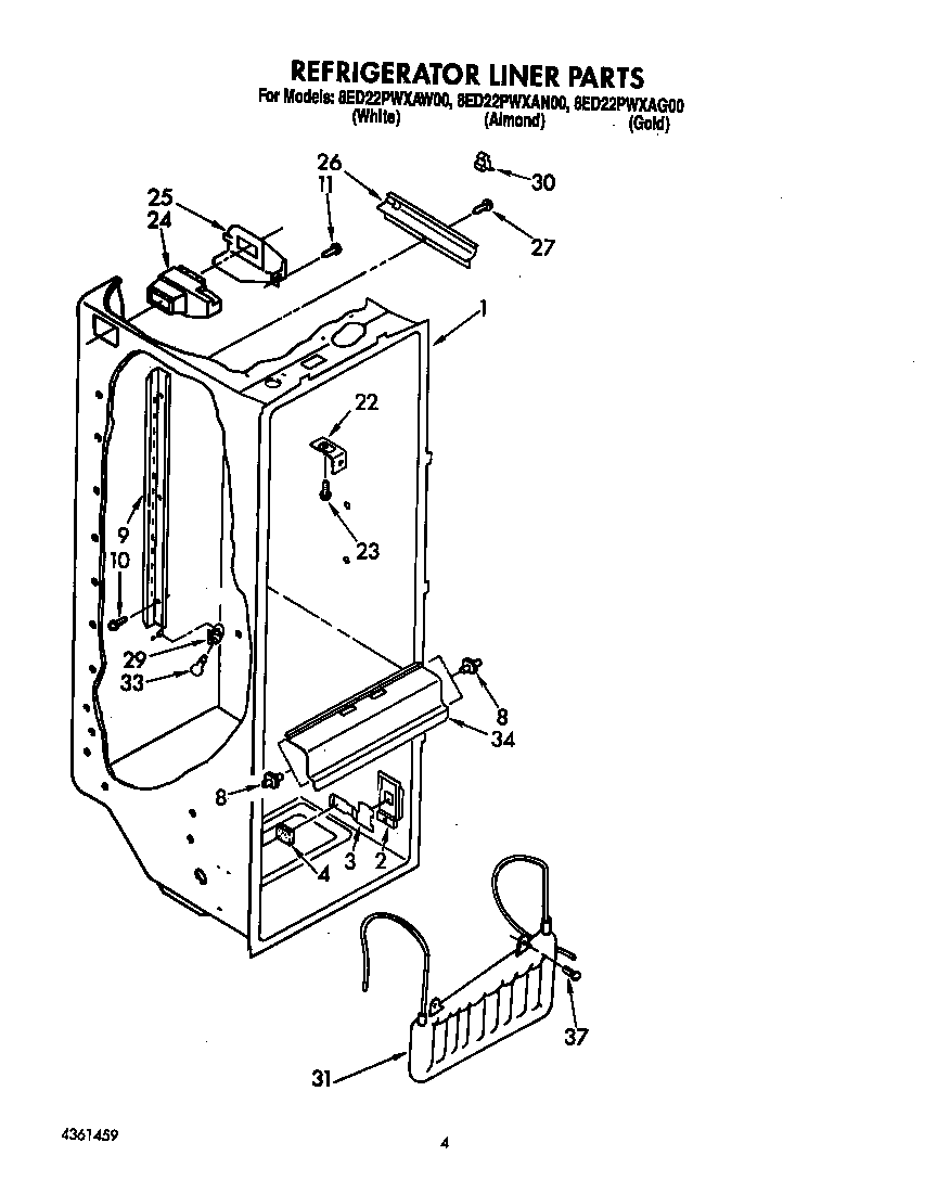 Whirlpool 8ED22PWXAW00 refrigerator liner diagram