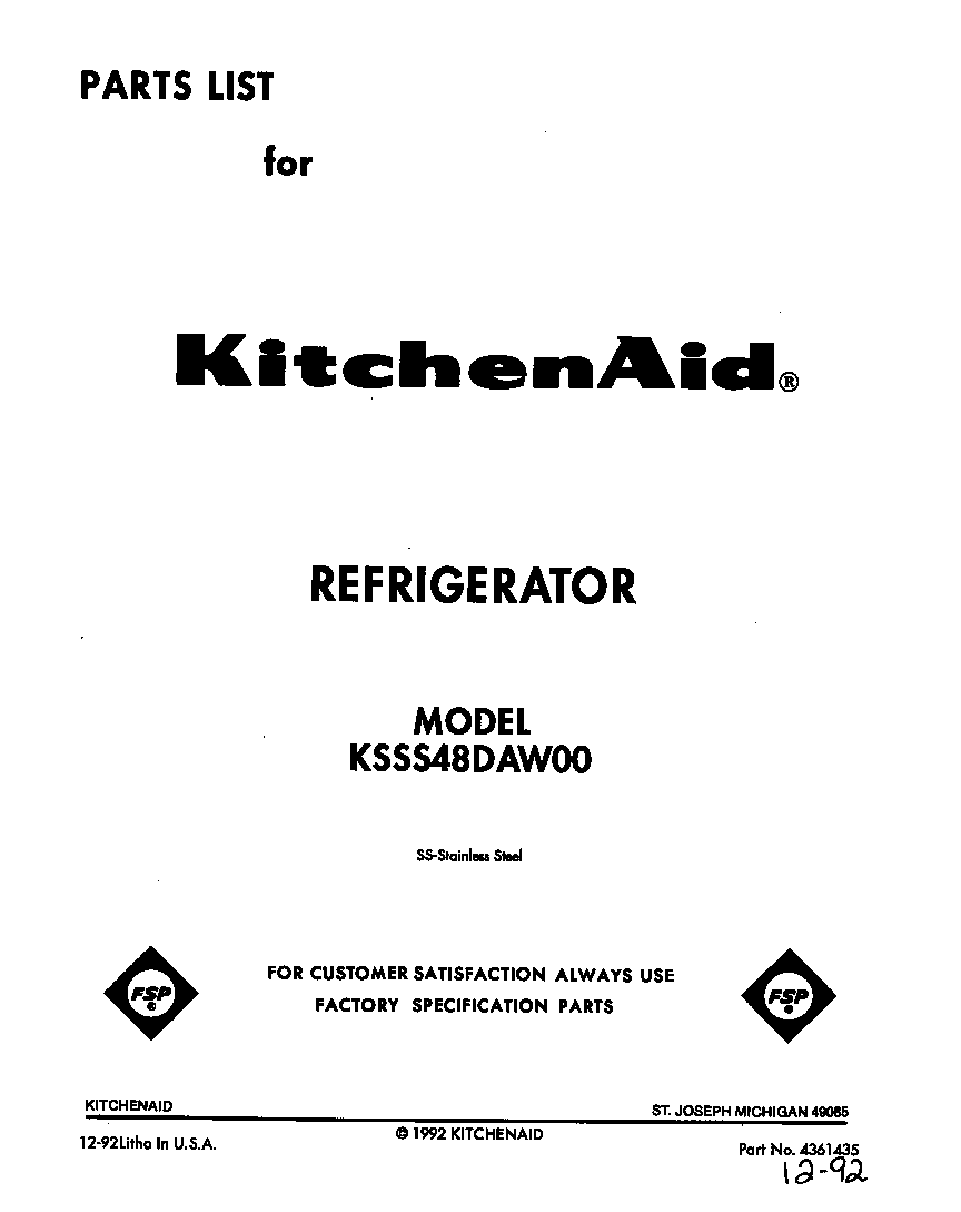 KitchenAid KSSS48DAW00 front cover diagram