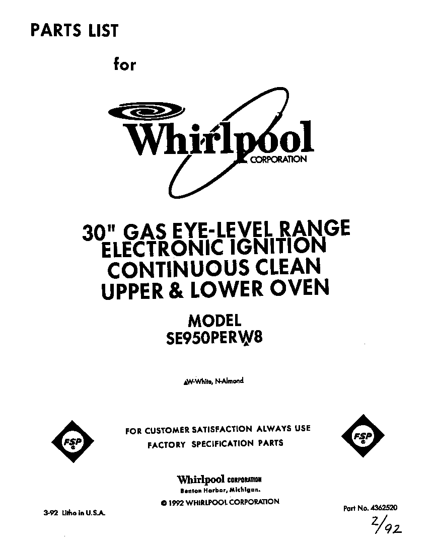Whirlpool SE950PERW8 front cover diagram