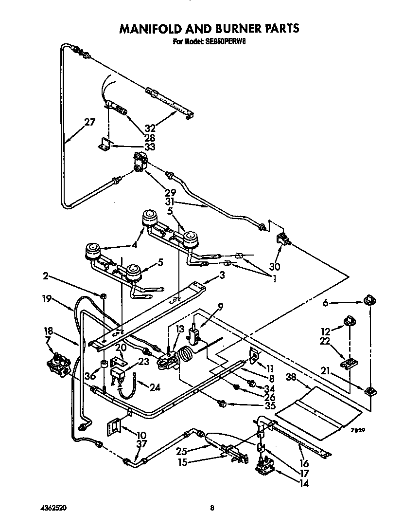 Whirlpool SE950PERW8 manifold and burner diagram