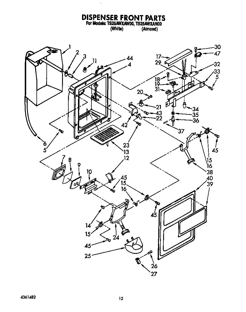 Estate TS25AWXAW00 dispenser front diagram