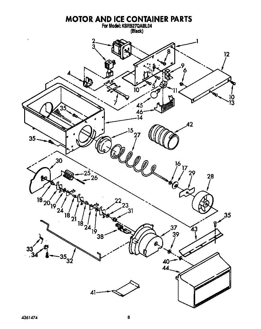 KitchenAid KSRB27QABL04 motor and ice container diagram