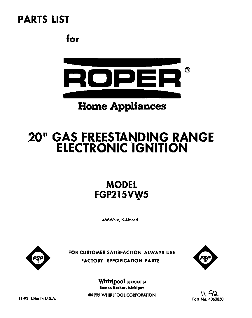 Roper FGP215VW5 front cover diagram