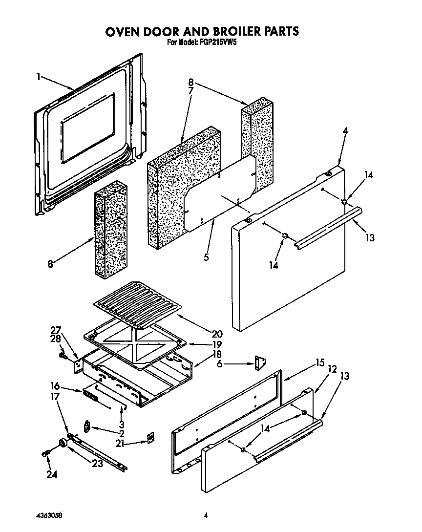 Roper FGP215VW5 oven door and broiler diagram