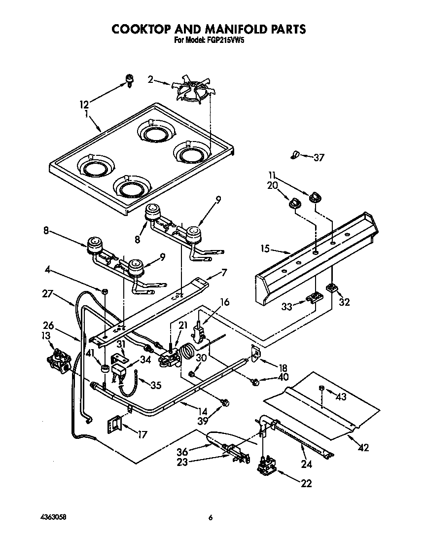 Roper FGP215VW5 cooktop and manifold diagram