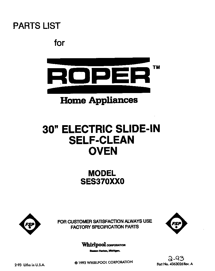 Roper SES370XX0 front cover diagram