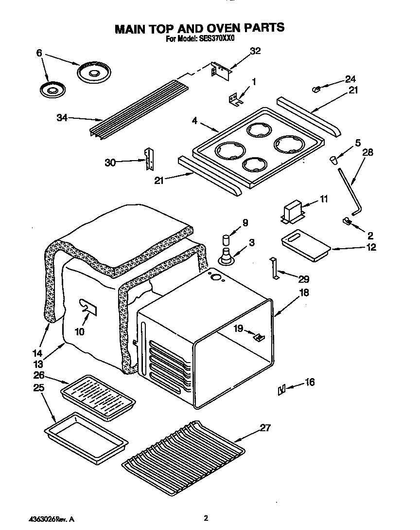 Roper SES370XX0 maintop and oven diagram