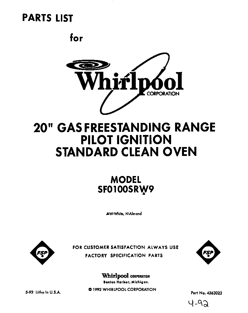 Whirlpool SF0100SRW9 front cover diagram