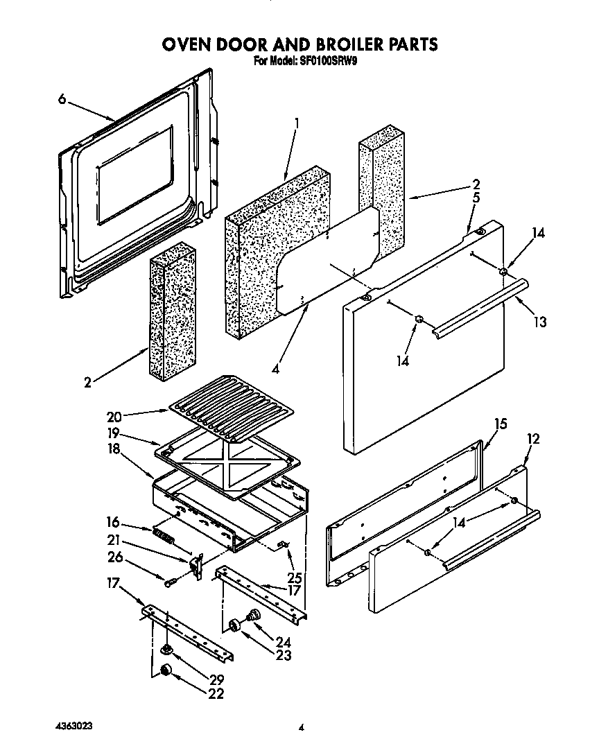 Whirlpool SF0100SRW9 oven door and broiler diagram