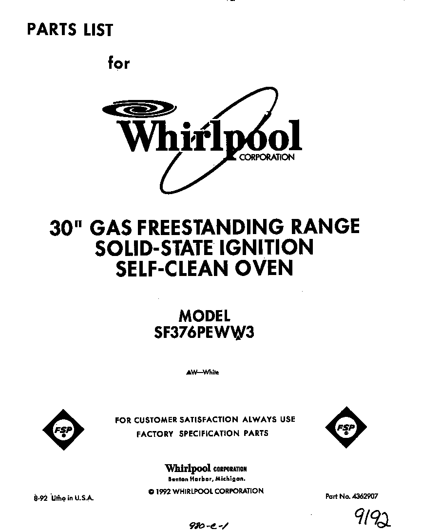 Whirlpool SF376PEWW3 front cover diagram